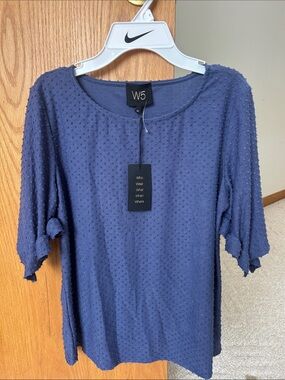 W5 Navy Textured Dot Short Sleeve Scoop Neck Top